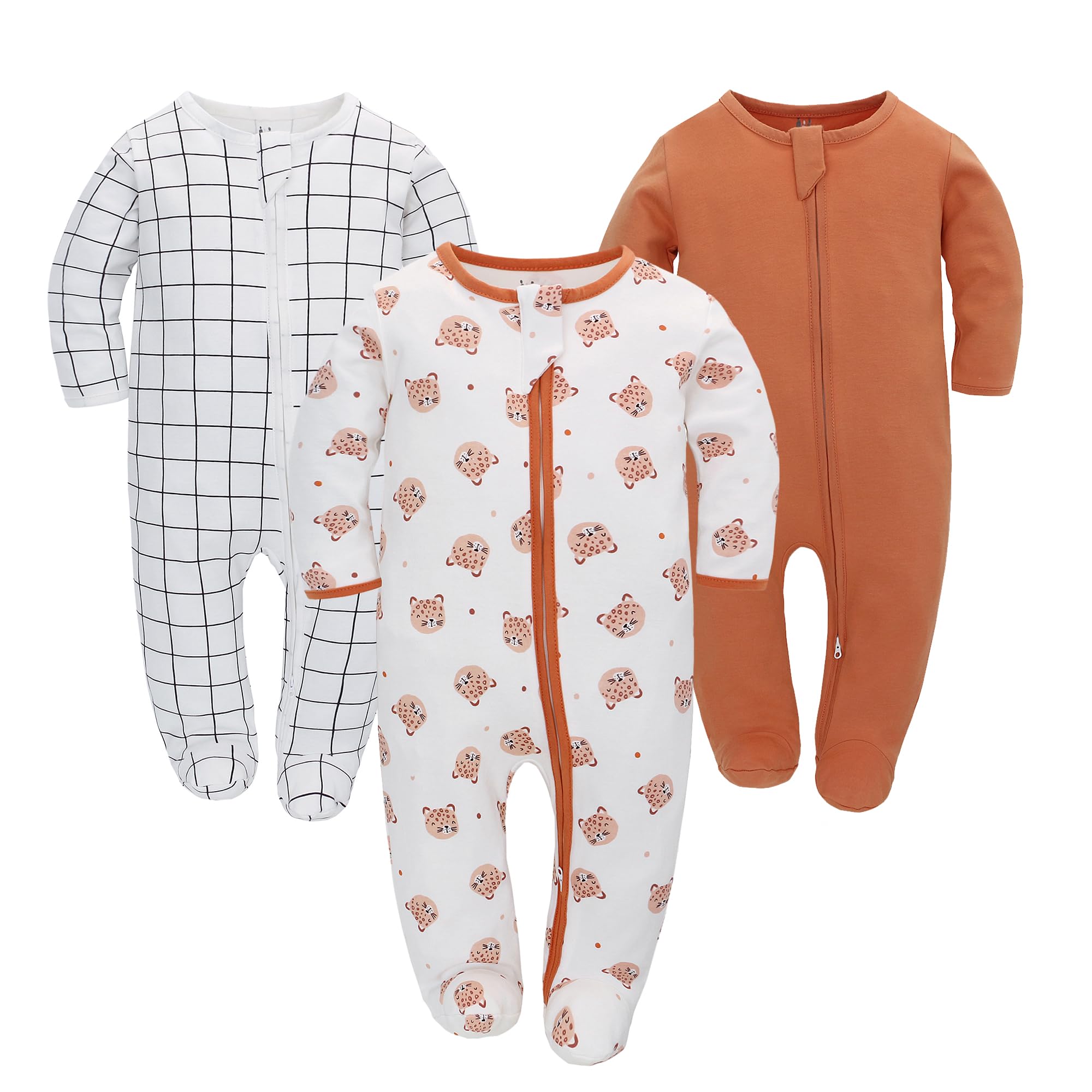 Neugeborenes Baby Jungen Mädchen Strampler mit Fuß Baby Schlafanzug Einteilige Lange Ärmel Overall Säuglings Frühling Herbst Body, 3er-Pack