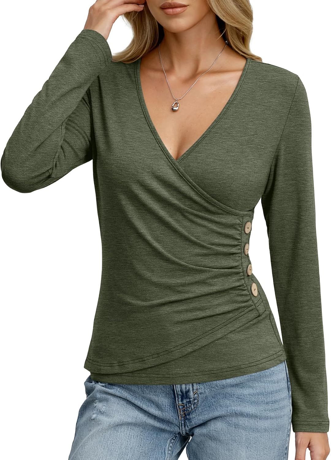 Women's Long Sleeve Deep V Neck Tops Wrap Ruched Slim Fit Shirts Button Side Blouse Sexy Fall Outfits 2025 - Image 2