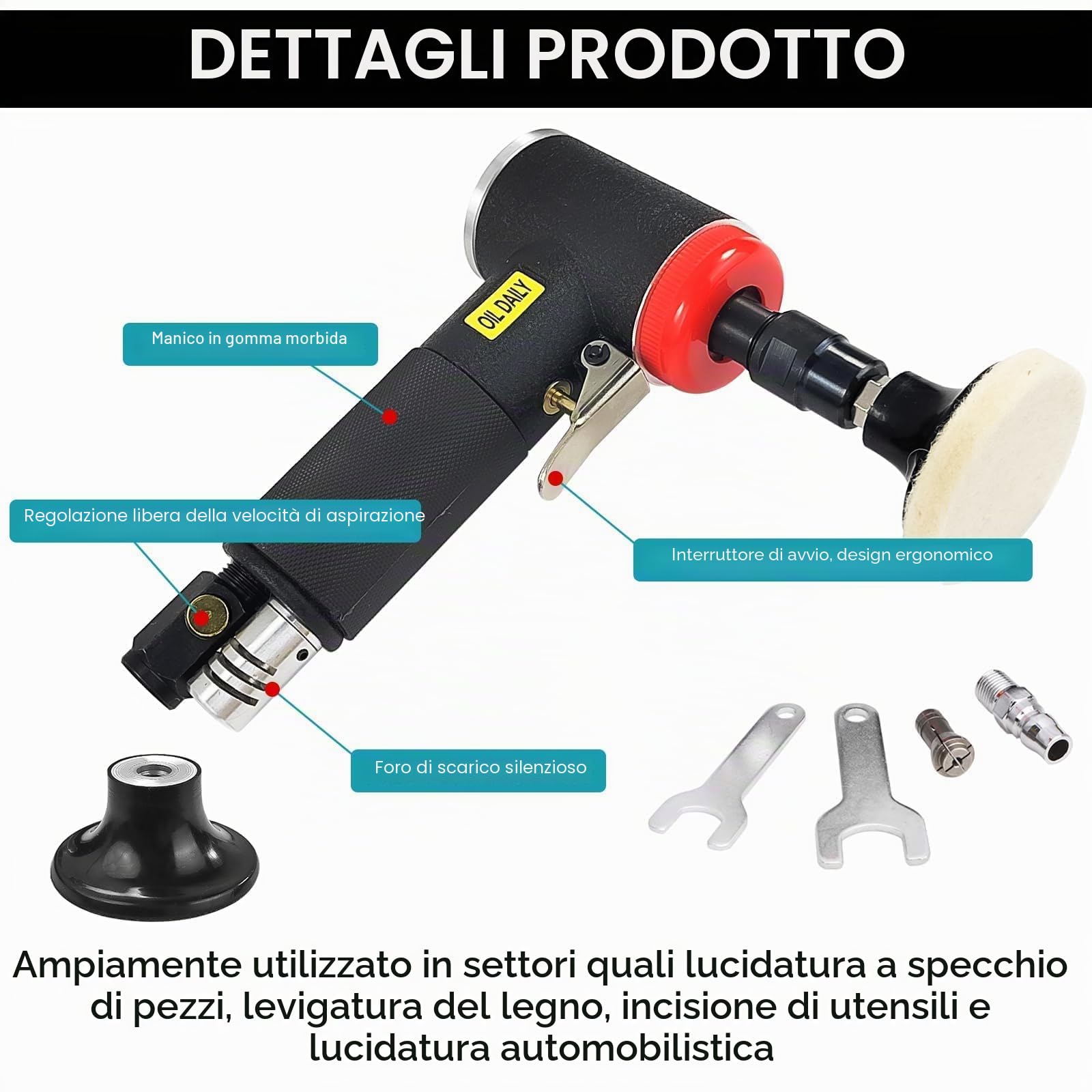 Mini Lucidatrice Auto, Mini Smerigliatrice Angolare Pneumatica con Mandrino a Pinza da 6 mm e 3 mm, Include Carteggiatrice e Mini Levigatrice con Set di 20 Dischi da 2 Pollici a Cambio Rapido