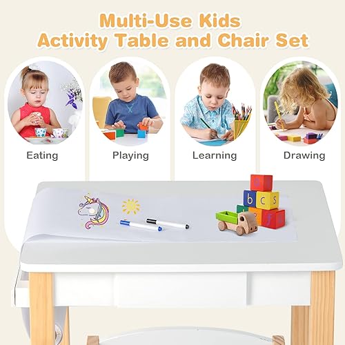 Miniatura 4 de HONEY JOY Juego de mesa y silla para niños, escritorio y silla de madera con cajón, soporte para rollo de papel y 2 rotuladores, juego de mesa de