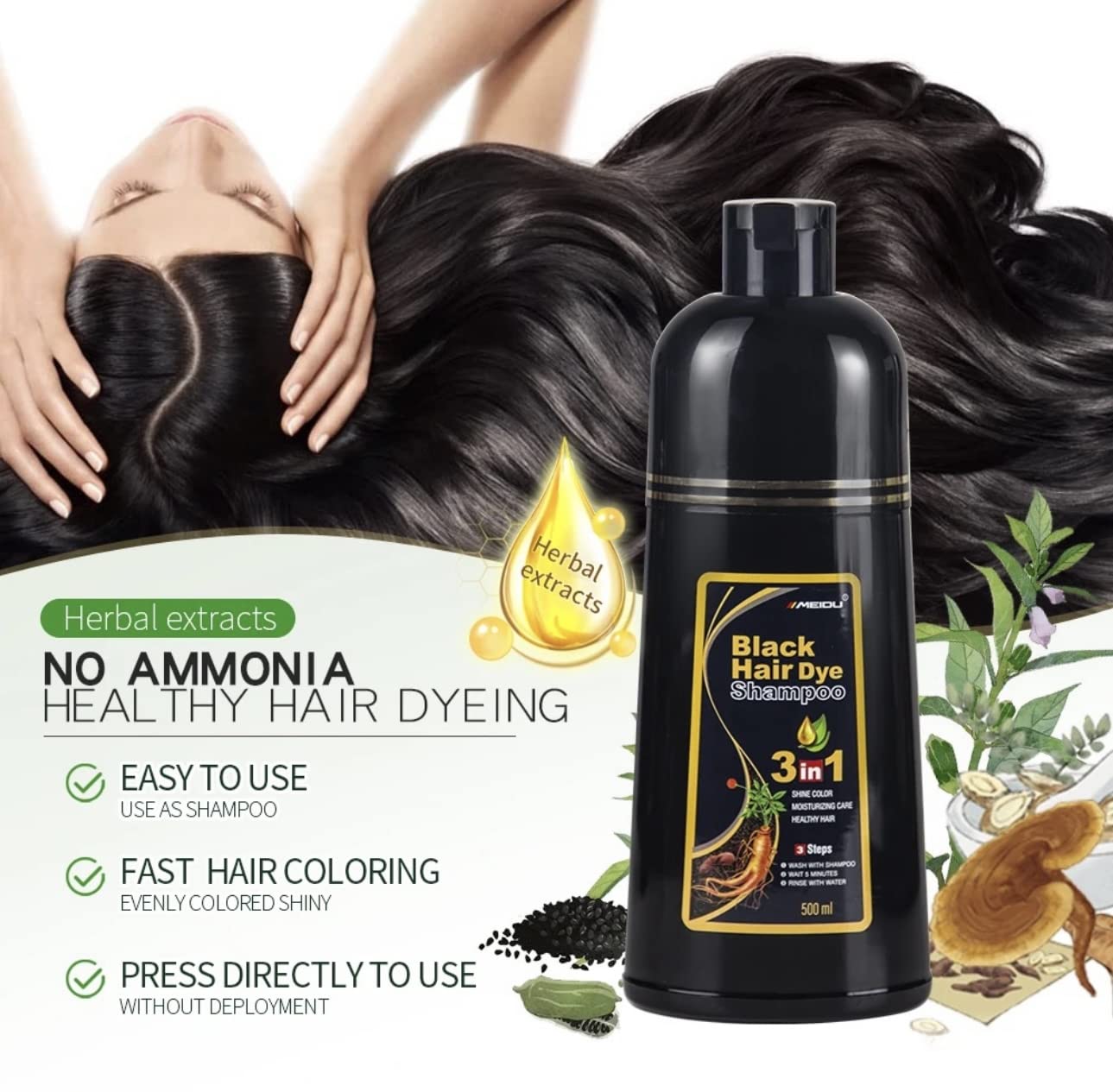 Hair Dye Color Shampoo (7 Colors Available to Choose) 500mL each (BLACK, 500mL)