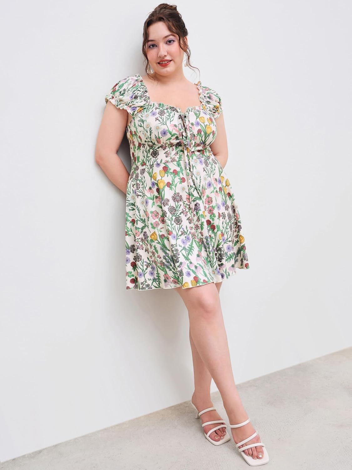 CIDER Plus Size Dresses for Curvy Women Square Neck Tie Front Floral Ruffle Trim Summer Mini Dresses - Image 3