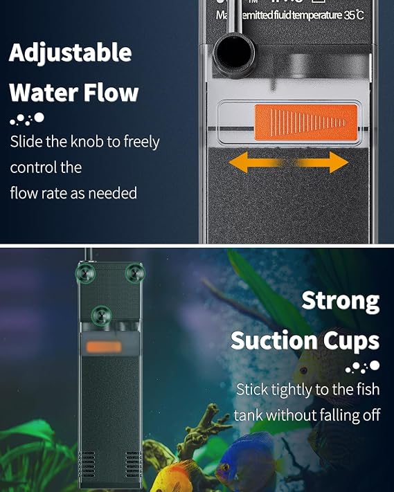 Pawfly Fish Tank Filter Internal Aquarium Filter with 300 L/H Submersible Quiet Water Pump and Sponge for 40 to 75 L Fish Tanks Small Multifunctional Filter for Filtration Circulation and Oxygenation