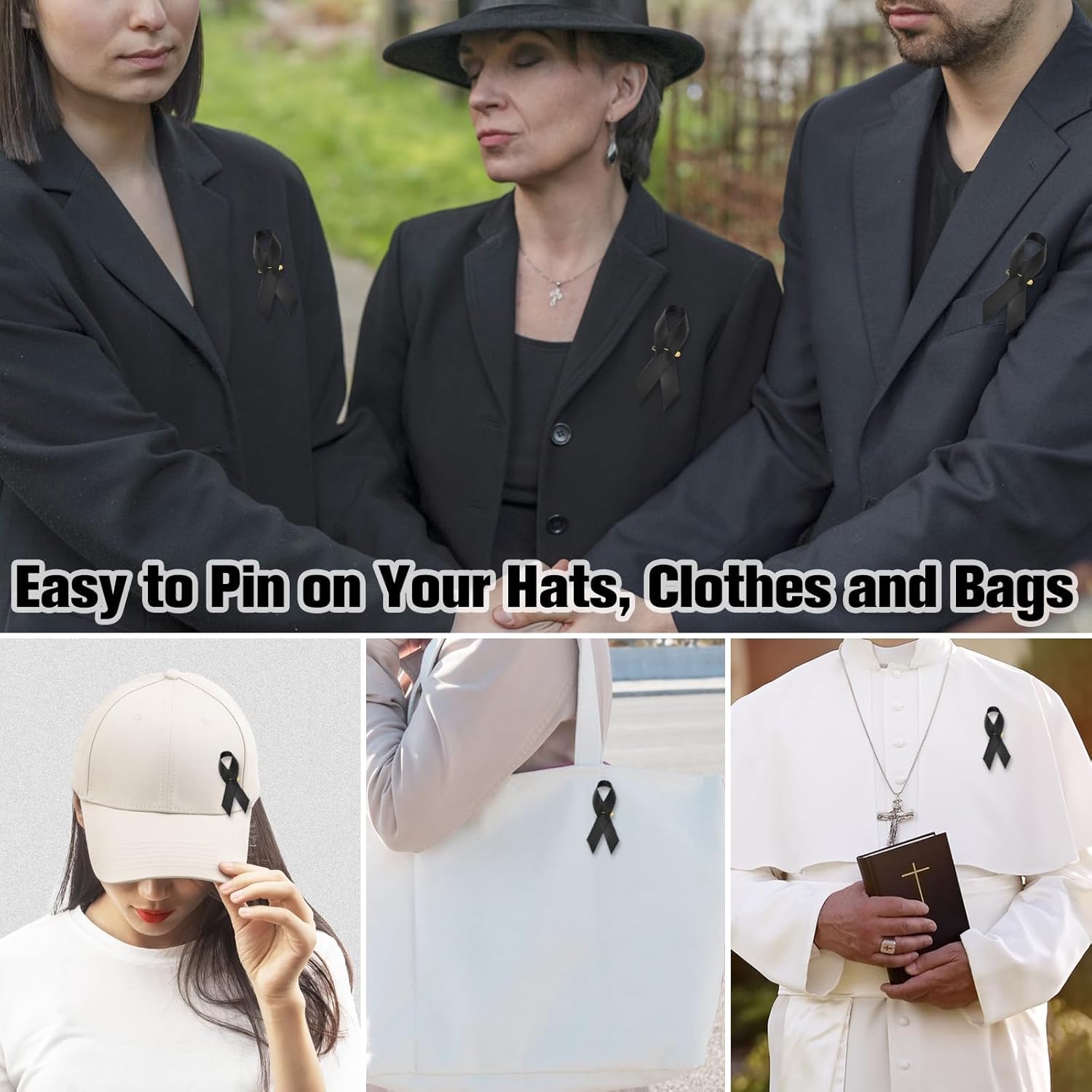 Halatool 200 PCS Black Ribbon with Safety Pins for Funeral and Memorial Service