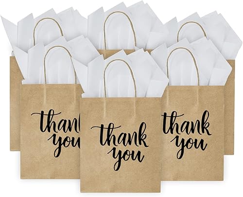 DjinnGlory Paquete de 50 bolsas de papel kraft marrón medio con asas y 24 hojas de papel de seda para pequeñas empresas, compras, bodas, baby