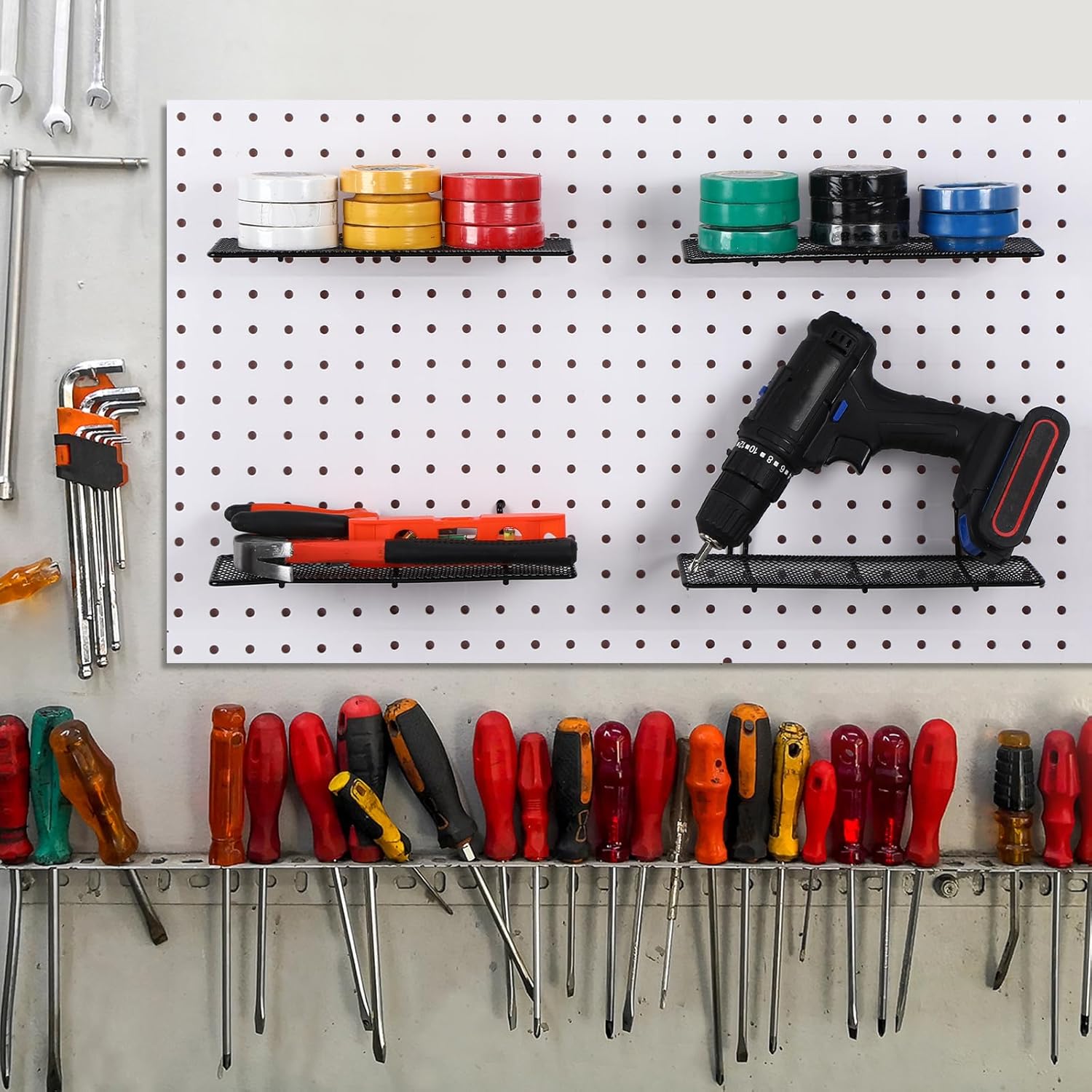 Shimeyao 8 Pcs Pegboard Shelf, Metal Mesh Peg Board Hooks, Shelf Brackets Organizer Attachments for Home Garage Workbench Kitchen, Fit 1/4 and 1/8 Inch, Black