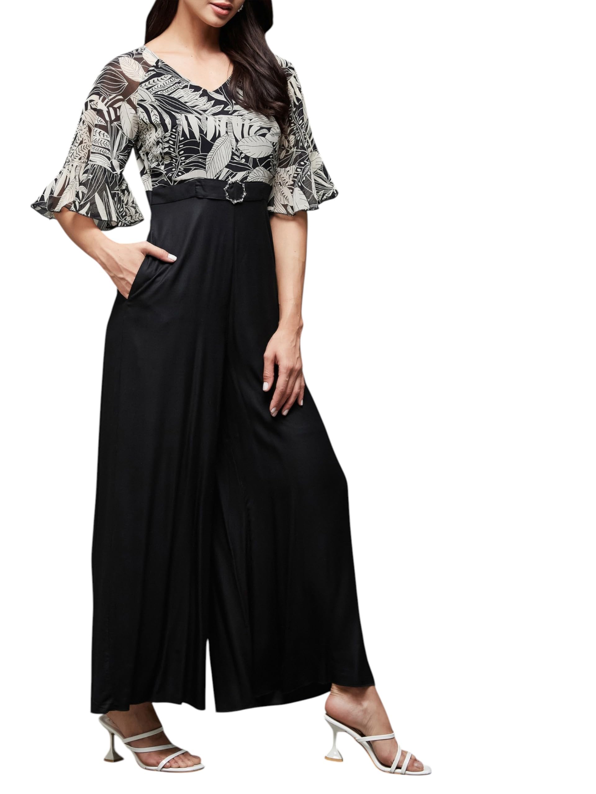 miss chase Women's V Neck Ruffled Sleeve Wide Leg Regular-Length Polyester Printed Jumpsuit-picture-13