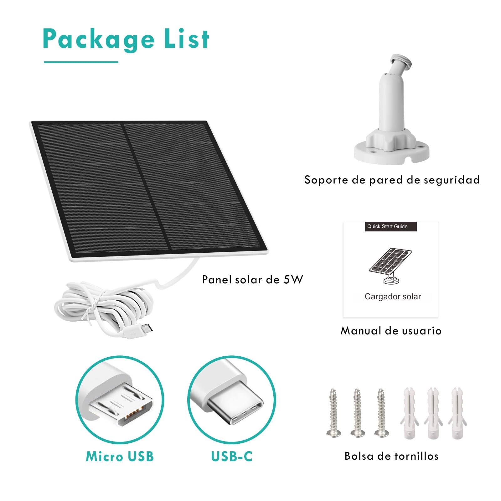 Panel Solar de 5W para Cámara de Seguridad, Cargador Solar para Cámara de Batería Recargable al Aire Libre DC 5V, Con Puertos Micro USB y USB-C, 2 Pack