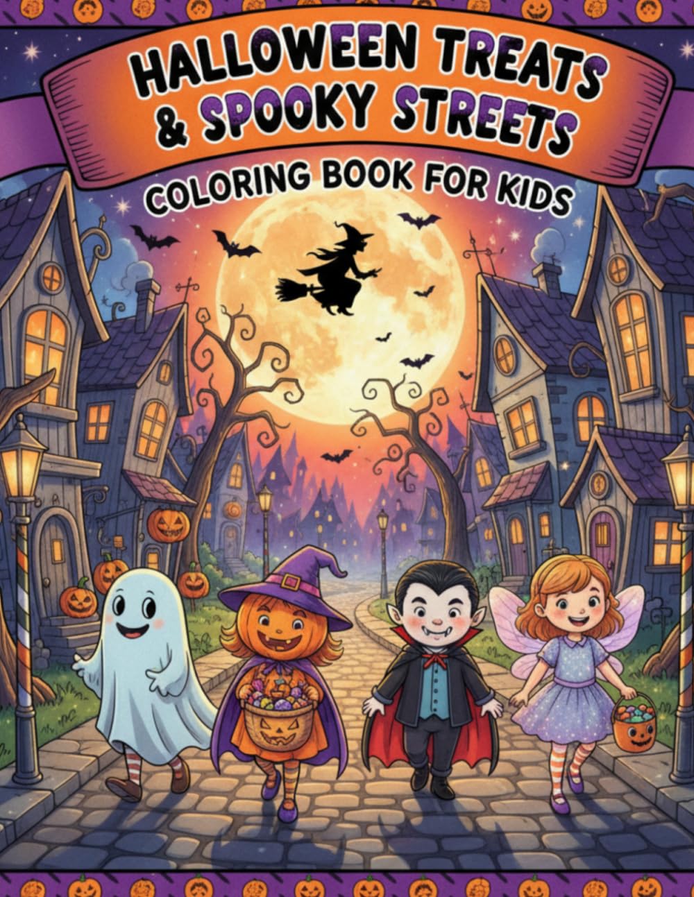 Halloween Treats & Spooky Streets Coloring Book for Kids: Pumpkins, Friendly Ghosts, Sweet Candy & Trick-or-Treat Fun for Ages 5–10