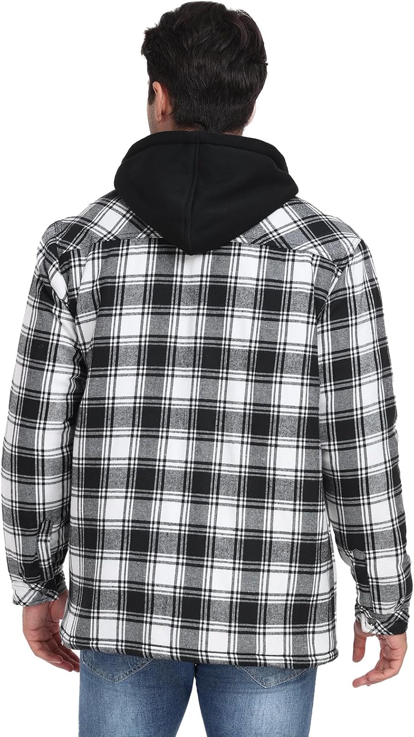 CHEXPEL Flannel Jackets for Men Long Sleeve Plaid Shirt Jacket Quilt Lined Hooded with Button Down Winter Coat - Image 4