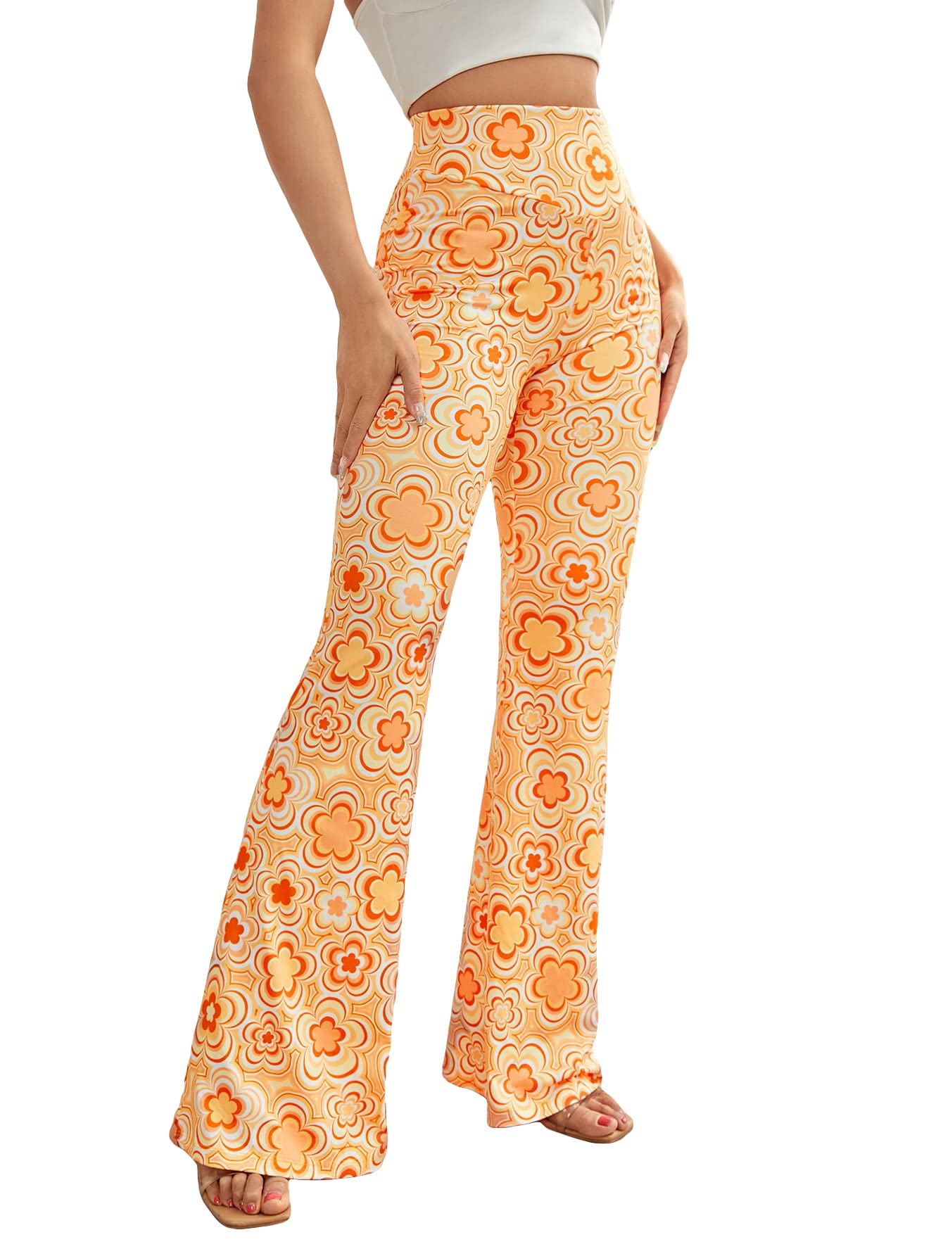 OYOANGLE Women's Floral Print High Waist Yoga Pants Wide Leg Pants Bell Bottom Trousers