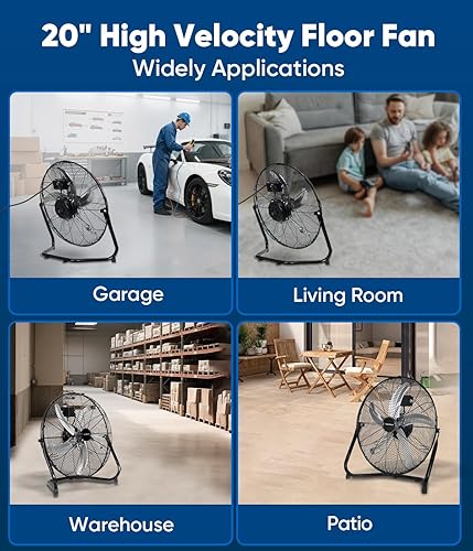 Miniatura 6 de KEN BROWN Ventilador de piso de alta velocidad de 20 pulgadas, ventiladores de metal industrial, 3 velocidades, 5 aspas de aluminio, inclinación de