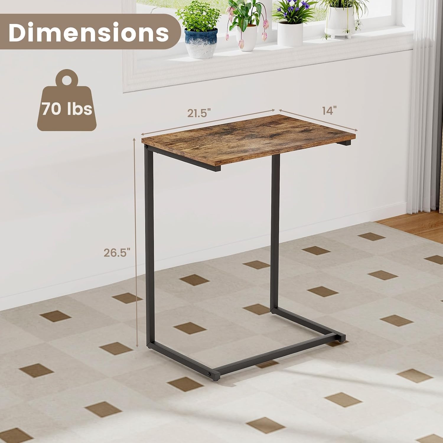 Tangkula C-Shaped End Table, Vintage Accent Couch Table with Heavy-Duty Metal Frame for Coffee/Snacks/Laptop, 26.5" Side Table for Bed, Sofa, Armchair (1, Rustic Brown)