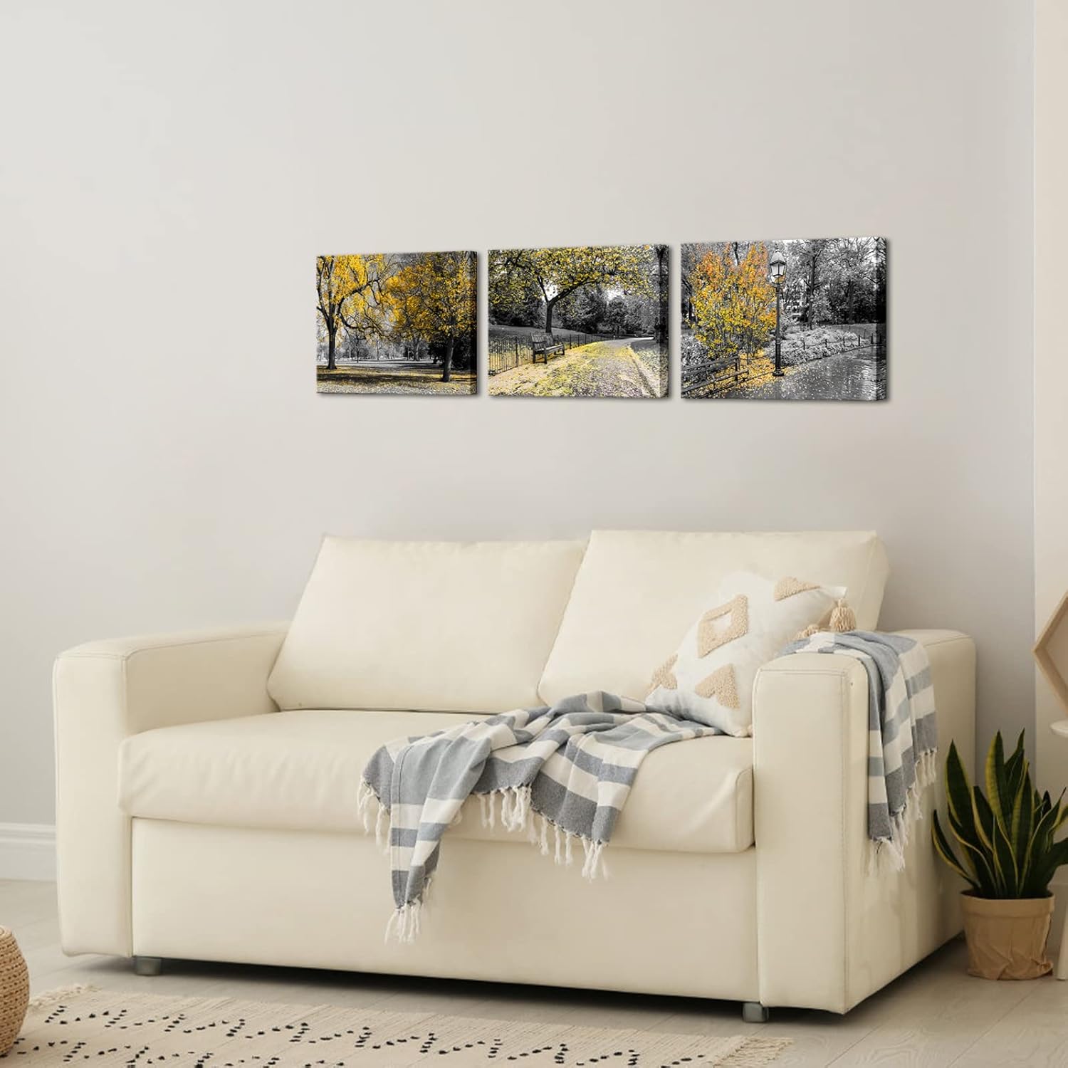 RyounoArt Black White Yellow Canvas Wall Art Yellow Tree Pictures Painting Autumn Nature Landscape Prints for Home Office Wall Decor Framed 12 * 16 inch each - Image 3