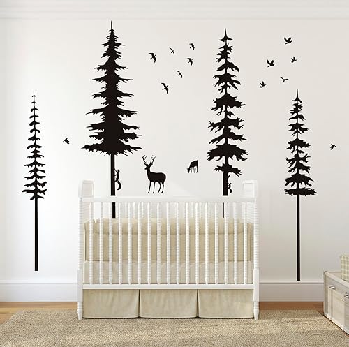 Miniatura 7 de Calcomanías de pared de pino, calcomanías de vinilo de bosque con calcomanías de pared de animales, ardillas y ciervos, decoración de guardería