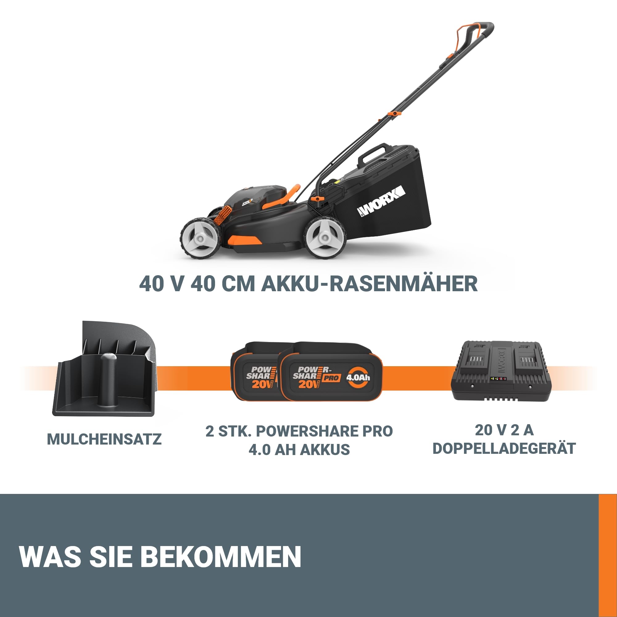 WORX WG743E Akku-Rasenmäher 40V, Profi Rasenmäher mit Mulchfunktion & PowerShare Akku, Rasenmähen ohne Kabel, Ideal für Gärten bis zu 500m² (inkl. 2X 4Ah Akkus & Dual-Ladegerät)