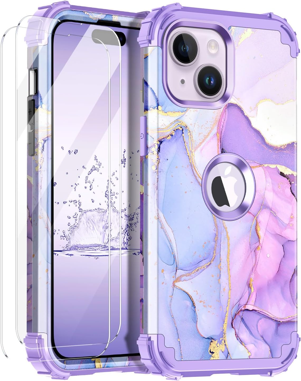 Rancasefor iPhone 13 Case & iPhone 14 Case,Three Layer Heavy Duty Shockproof Full Protection Hard Plastic Bumper+Soft Silicone Rubber Protective Girls Cover for Apple iPhone 13/14,Light Purple