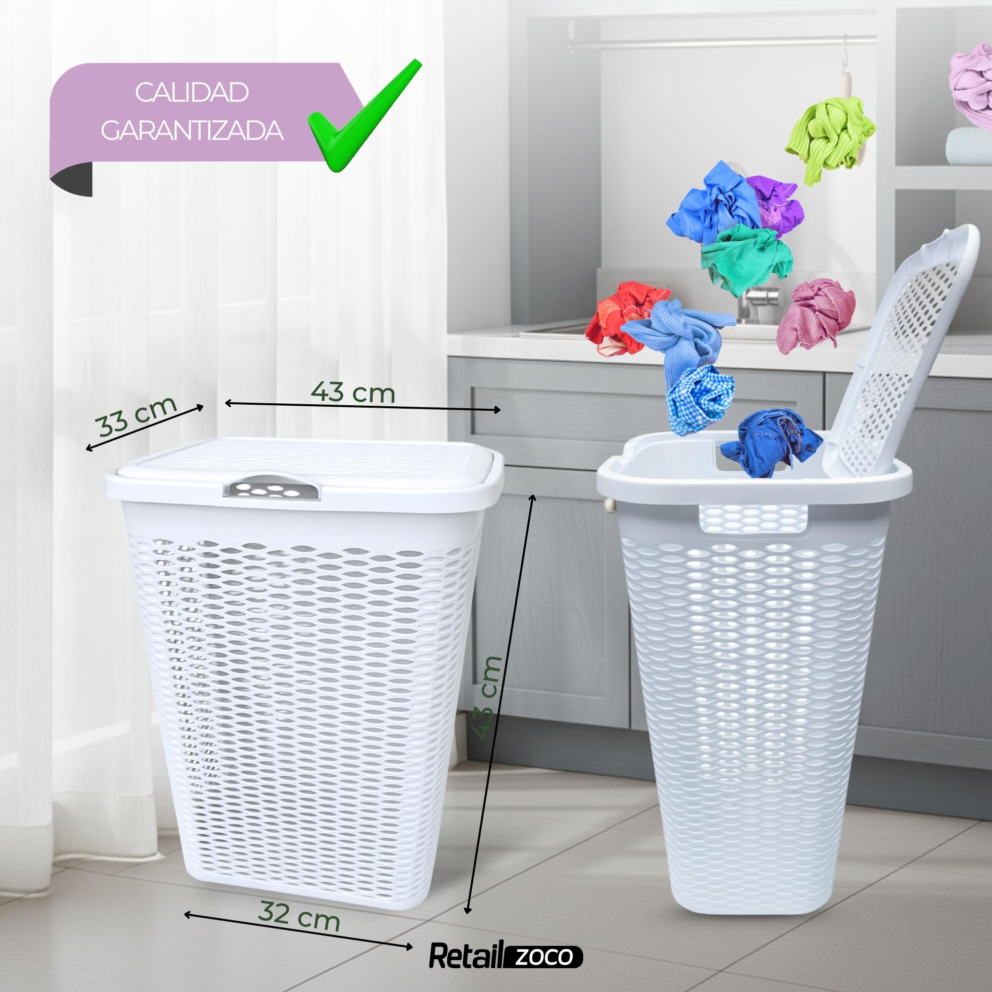 Baúl para la colada, Cesto para Ropa Sucia con Tapa y Asas, Cubo pongotodo para Colada, 100% material reciclado, 60 cm alto x 35.5 cm fondo x 43 cm ancho, Capacidad 51 Litros, Color Blanco