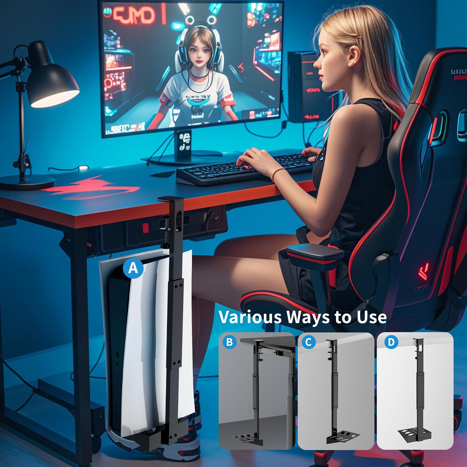 PS5 pionowy uchwyt pod biurko do PS5/PS5 Slim/PS5 Pro, zestaw do przechowywania bez wiercenia, metalowy zestaw do przechowywania pod biurkiem, kompatybilny z konsolą PS5/PS5 Slim – płyty i