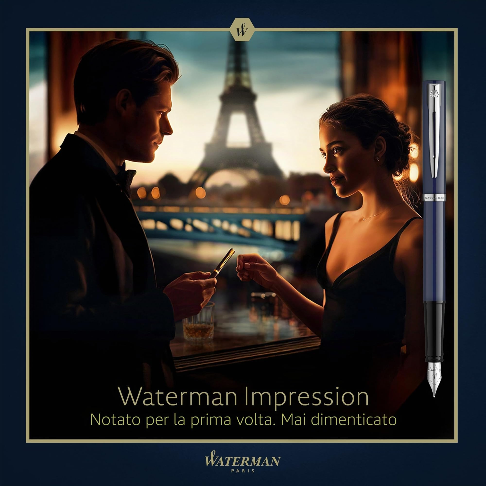 Waterman Impression Penna Stilografica | Pennino Medio con Ricarica di Inchiostro Blu | Lacca Blu con Rifiniture Placcate in Palladio | Confezione regalo