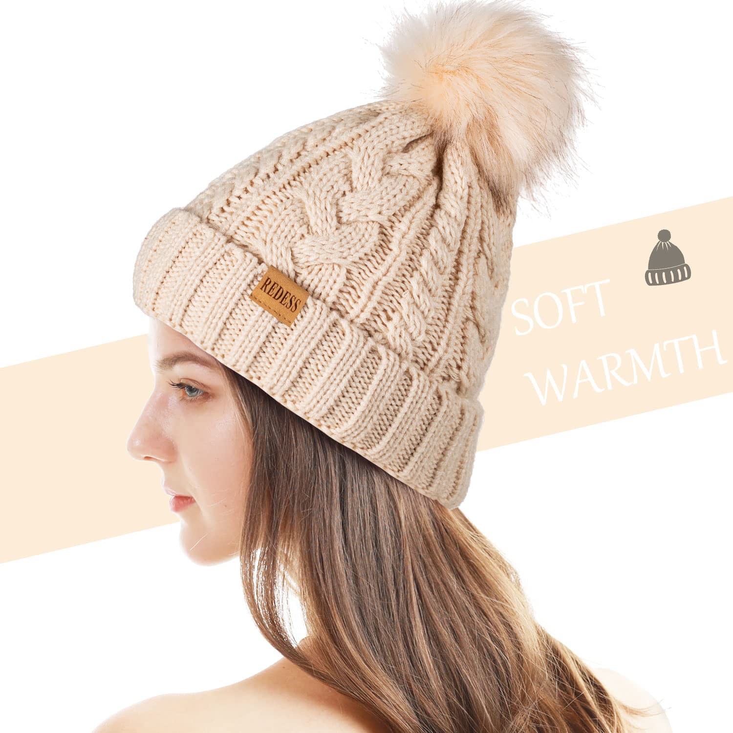 REDESS Cappello Invernale da Donna con Pom Pom Beanie Caldo Foderato in Pile Spesso Slouchy Snow Knit Chunky Baggy Skull Berretto da Sci