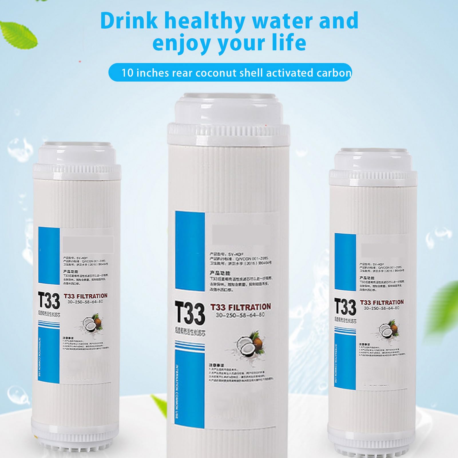 Cartuccia filtro acqua 3 pezzi, Carbone attivo guscio cocco GAC ad alto valore di iodio, Set universale T33 per sistema osmosi inversa sottolavello