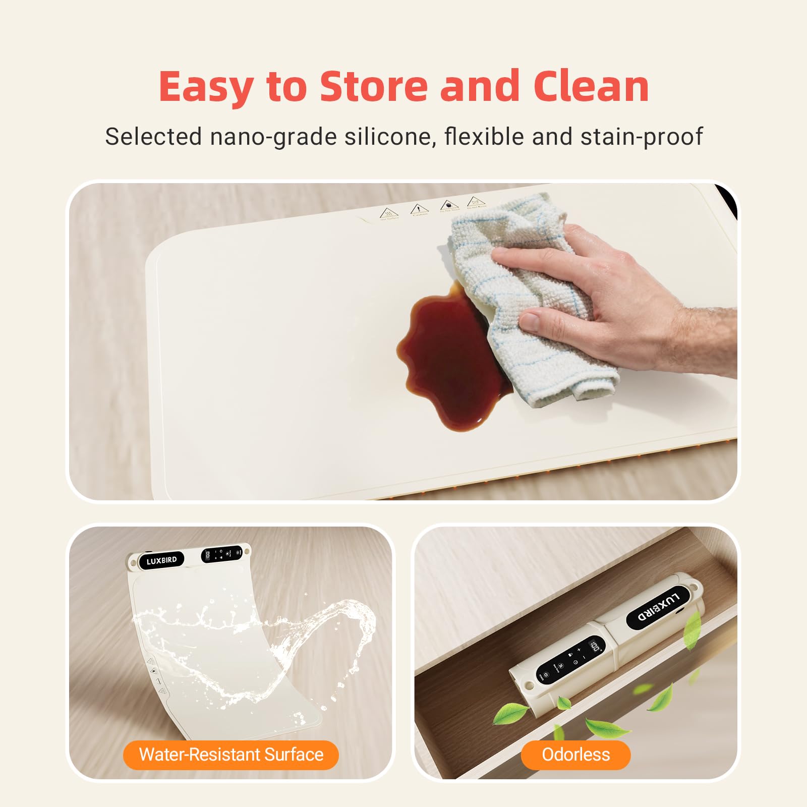 Luxbird Chauffe Plat Électrique, Plaque Chauffante Pliable Flexible avec 7 Réglages de Température et Minuterie, Fonction Verrouillage Enfant pour Maison Cuisine Buffets Fêtes Banquet, Beige