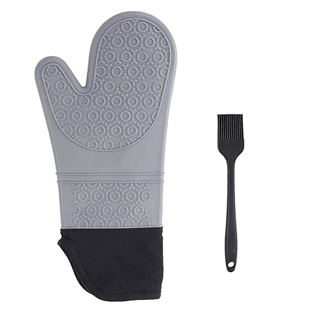 MaiSung Oven Mitt/Food Safe Oven Mitt/Silicone High Temperature Resistance/Suitable for a Variety of High Temperature Kitchen Appliances/Take Things Flexibly/Non-Slip/Equipped with an Oil Brush-Grey