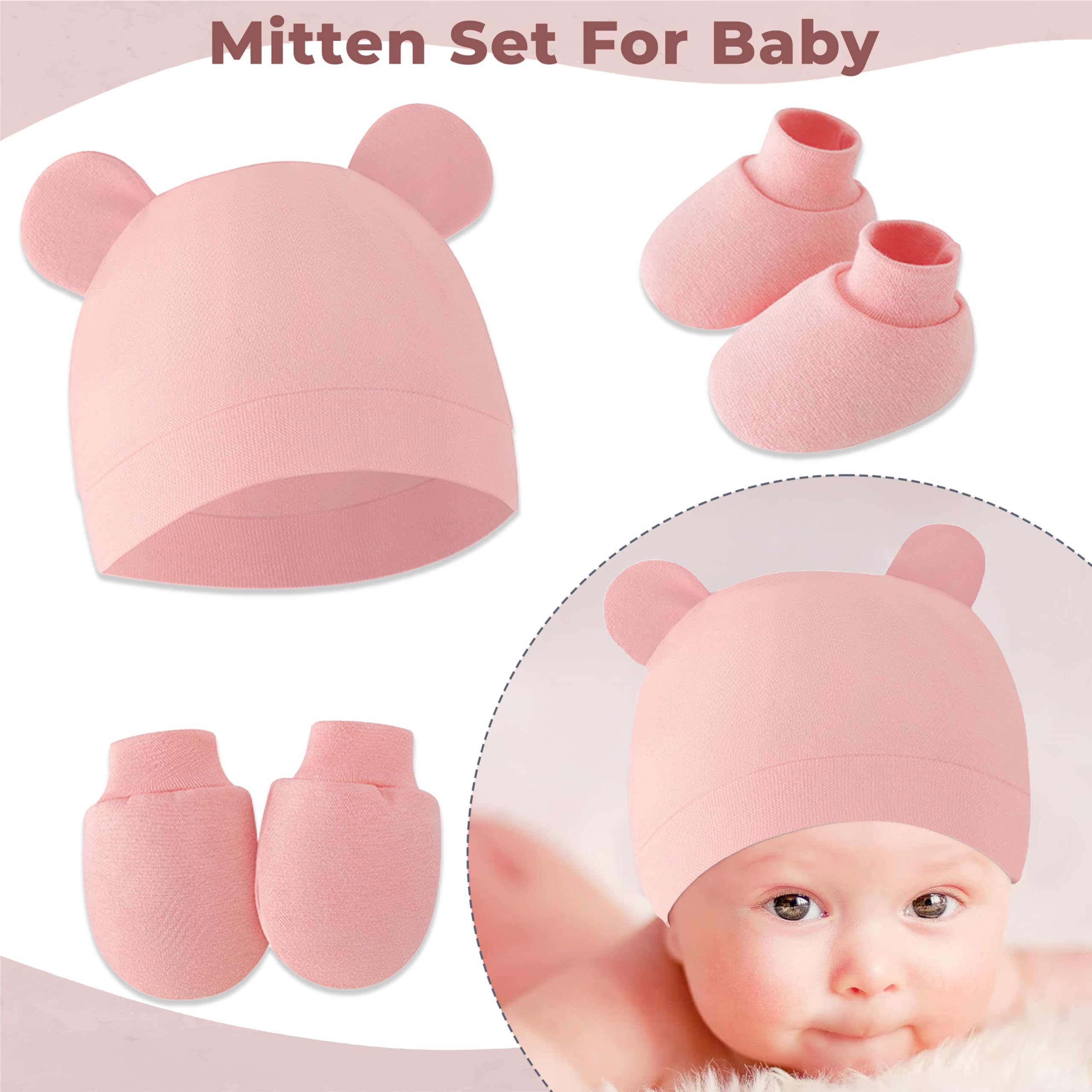 Bembika Cotton Baby Mittens – Soft, Non-Slip Baby Mittens & Socks for Winter, Warm Infant Cap for Scratching, 0-3 Months, Newborn Baby Mittens-(Pink) - Image 2 thumbnail