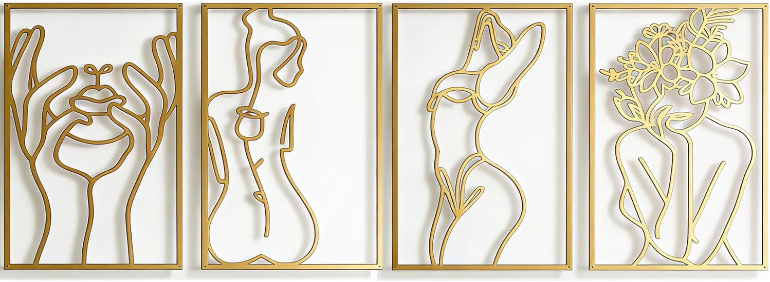 ZGEZGE Four-piece metal wall covering set, minimalist ultra-thin wall decoration, modern farmhouse wall sculpture, suitable for living room and bedroom décor (classic yellow, 17x11.8 inches).