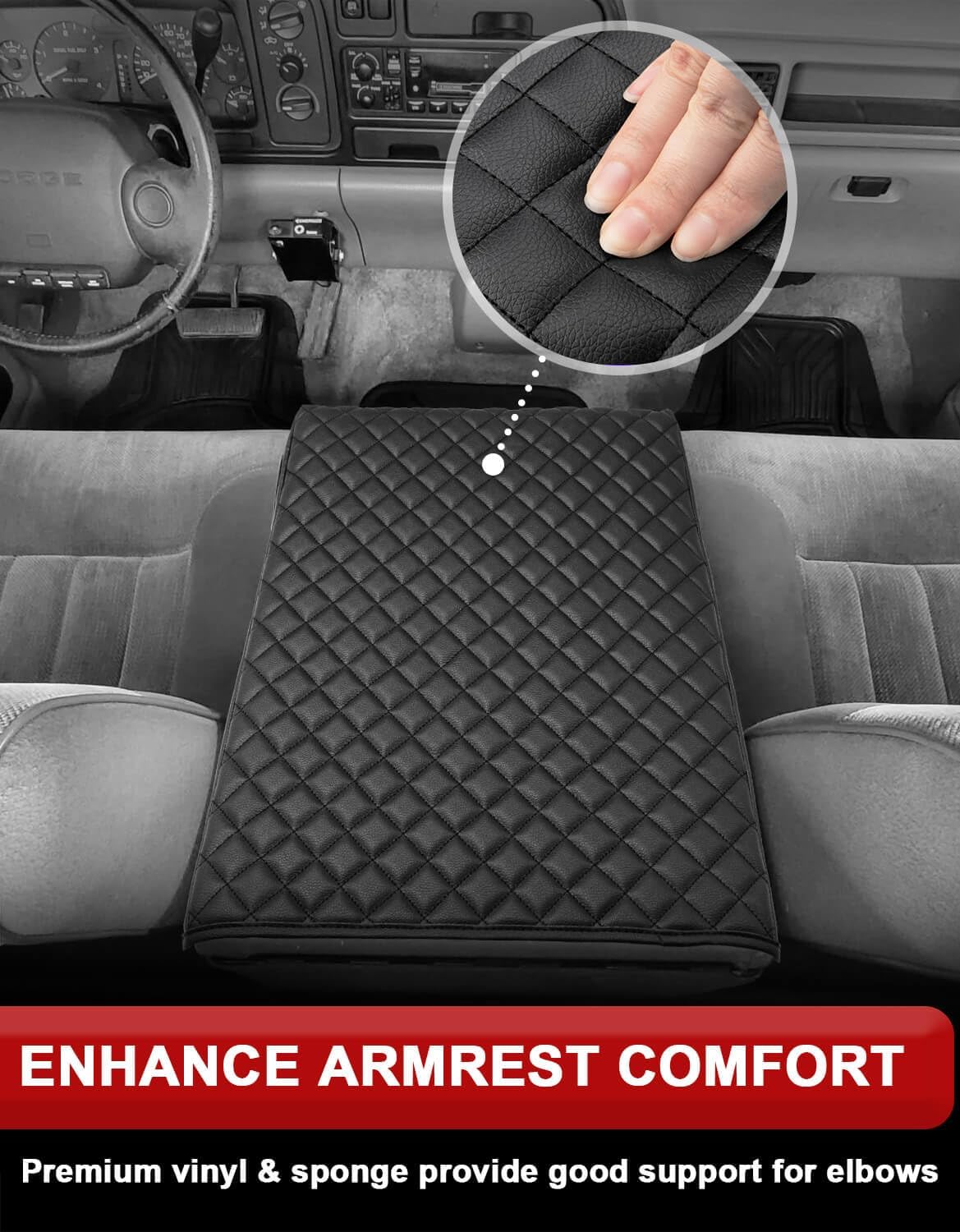 KBH Center Console Armrest Cover for Dodge Ram 1500 2500 3500 1994-2001, 19"x15" Jump Seat, Vinyl Leather Interior Accessories, Anti-Scratch, Black