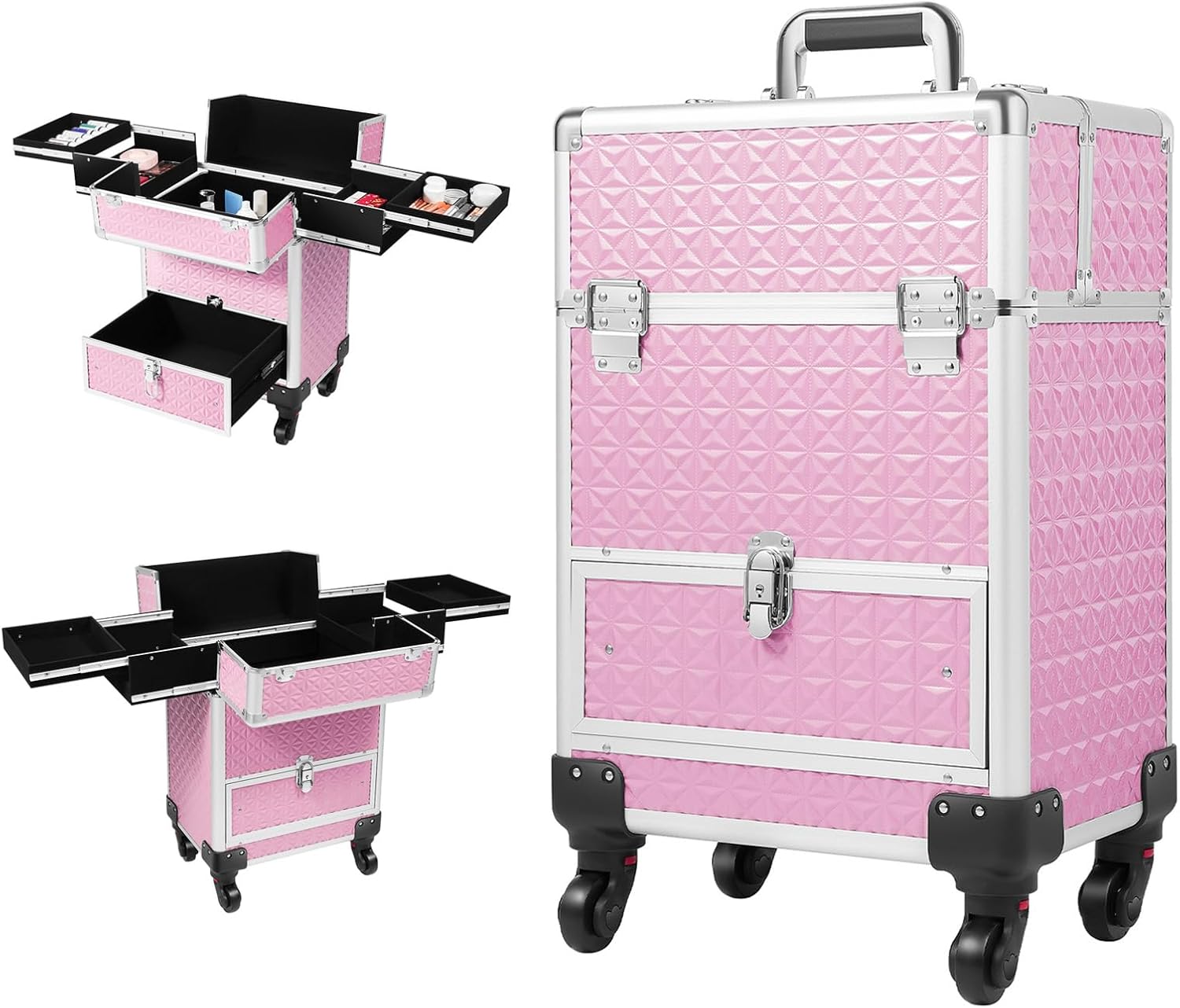 Rolling Makeup Case with Drawer, Cosmetology Case on Wheels Rolling Makeup Travel Case, Foldable Inner Compartments Makeup Trolley Storage, for Makeups Artist Hairdresser - Pink