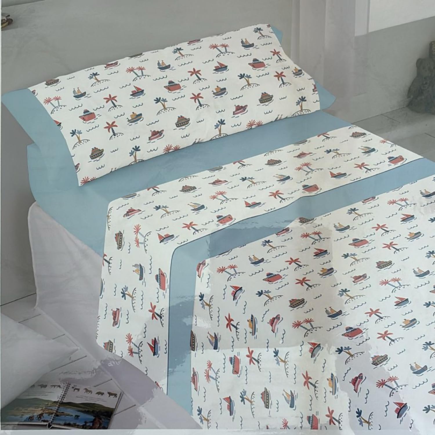 Juego de sabanas infantiles de 3 piezas Karatelo azul para cama de 90 cm de algodon