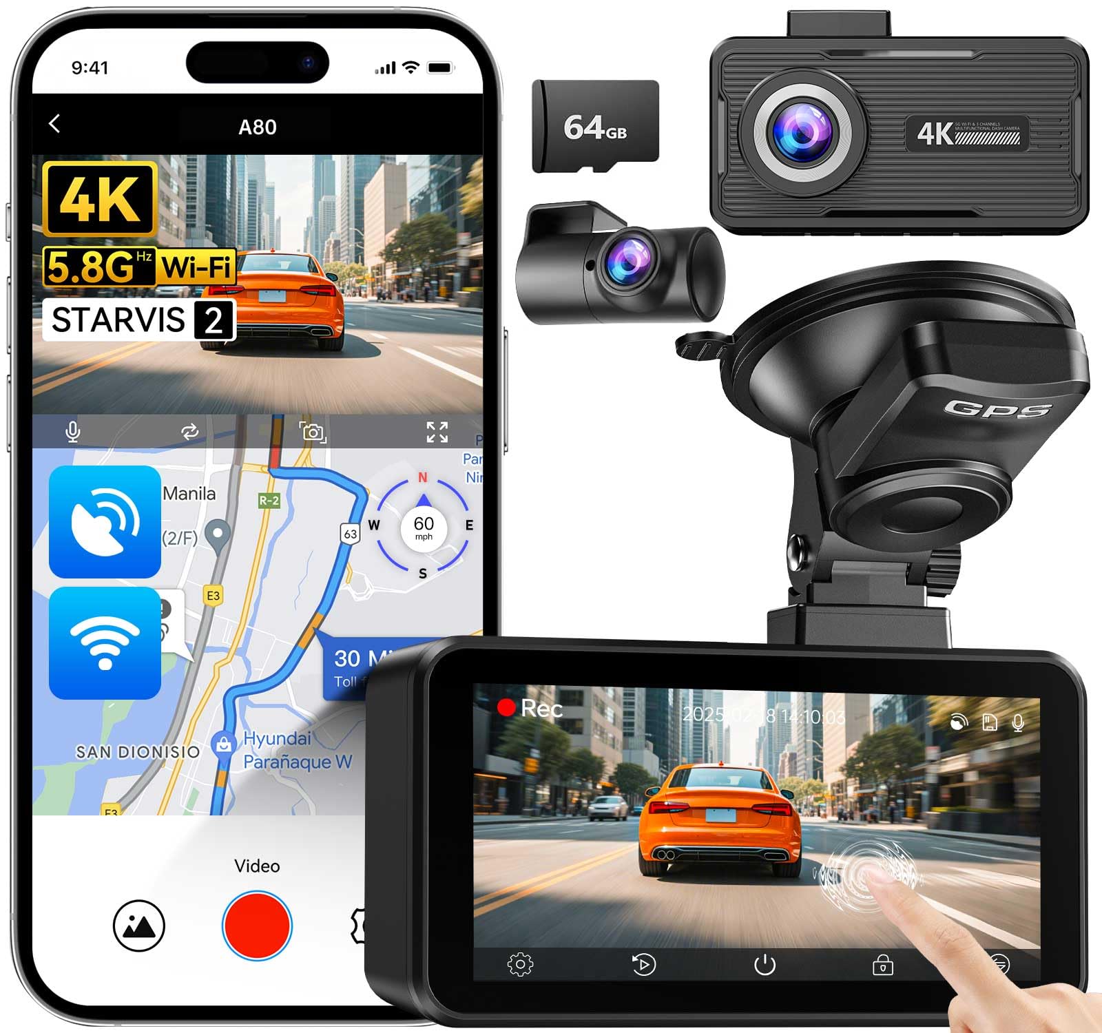 JOMISE 4K Dual Dash Cam Front and Rear Dashcam for Cars with 3 2 Touchscreen 64GB Card GPS