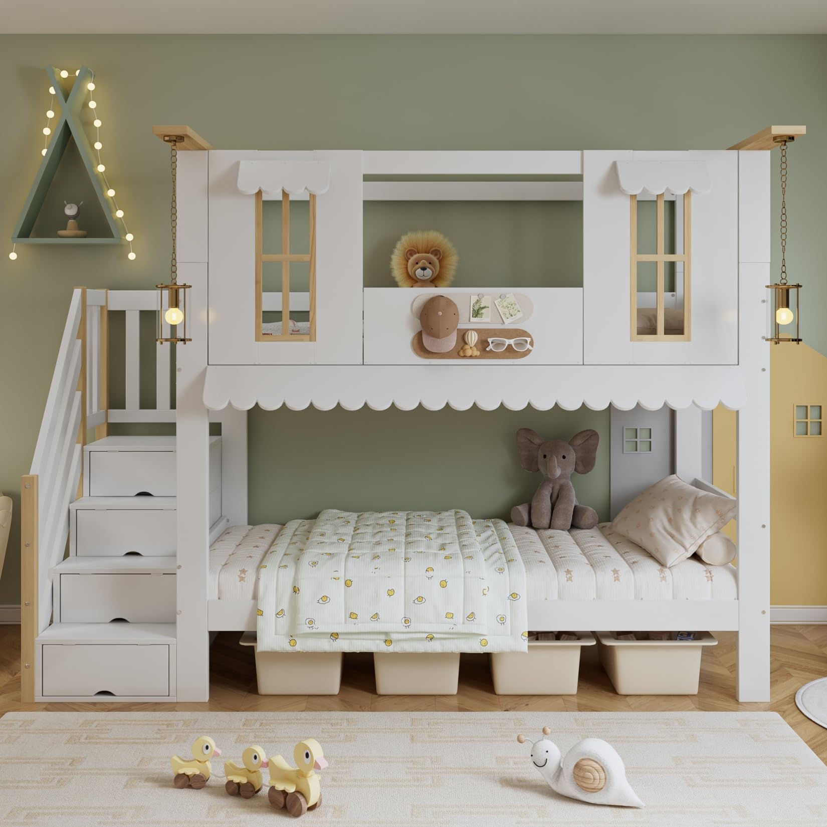 PUGSDRLY Lit Superposé Enfant 2 Places avec Fenêtre,Haute Barrière de lit,Escalier de Rangement,Feutre Décoratif,Lit Cabane Enfant 90x200 avec Sommier à Lattes,Pin(Blanc)