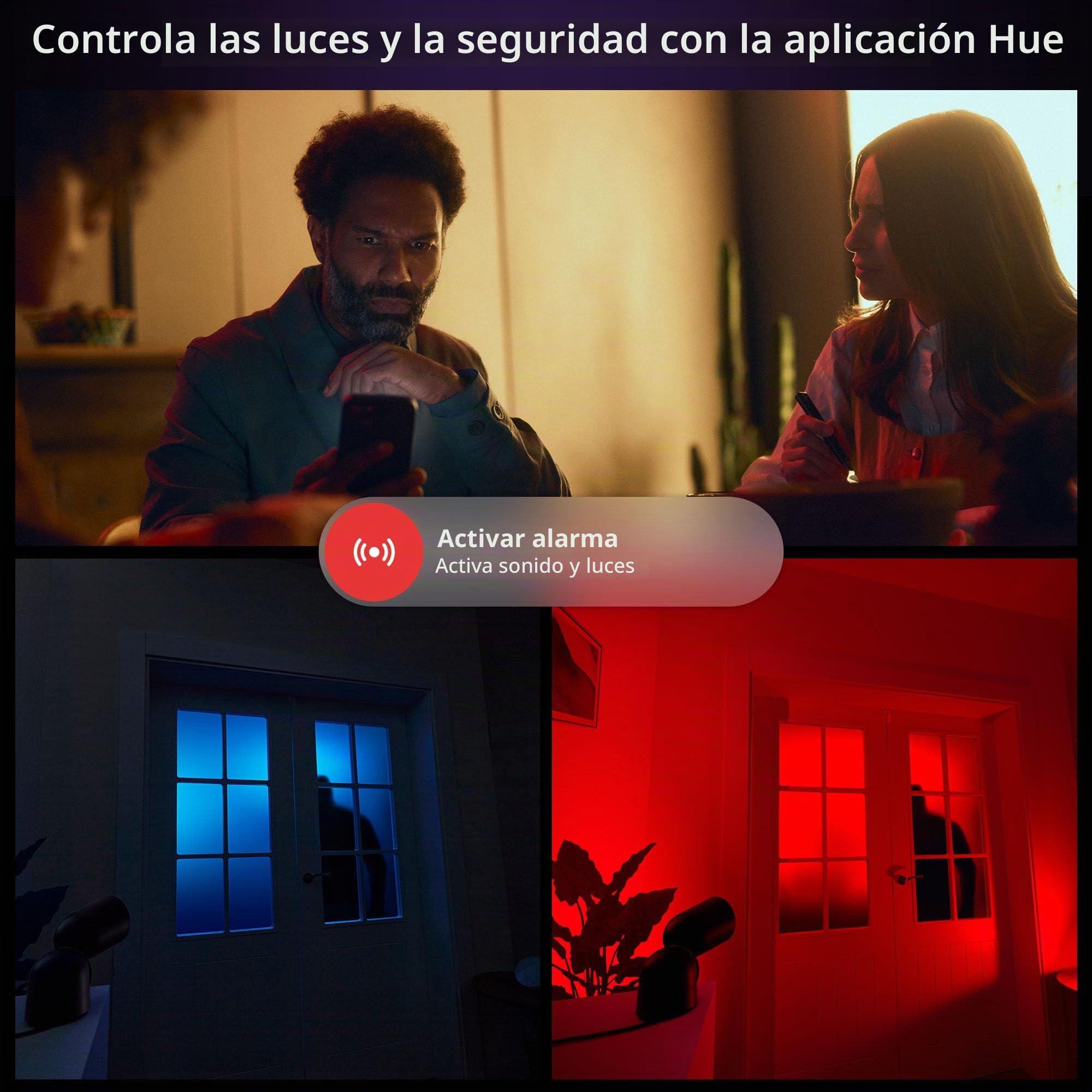 Philips Hue Secure - Cámara de seguridad inteligente para el hogar de 1080p, funciona con pilas, interior o exterior, fácil de instalar, conversación bidireccional, funciona con centro de seguridad en