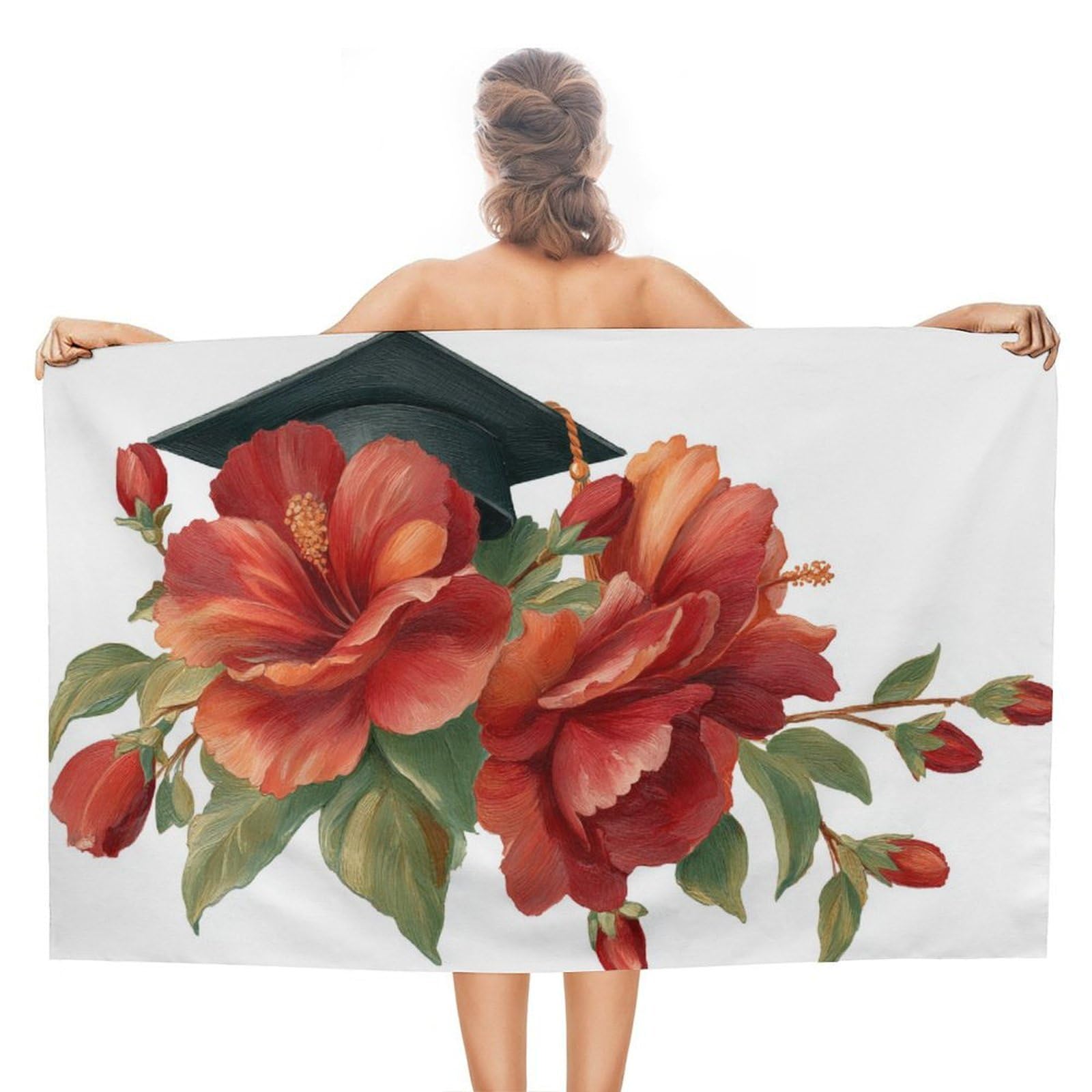 asbwuo Red Flowers and Graduation Cap Beach Towel