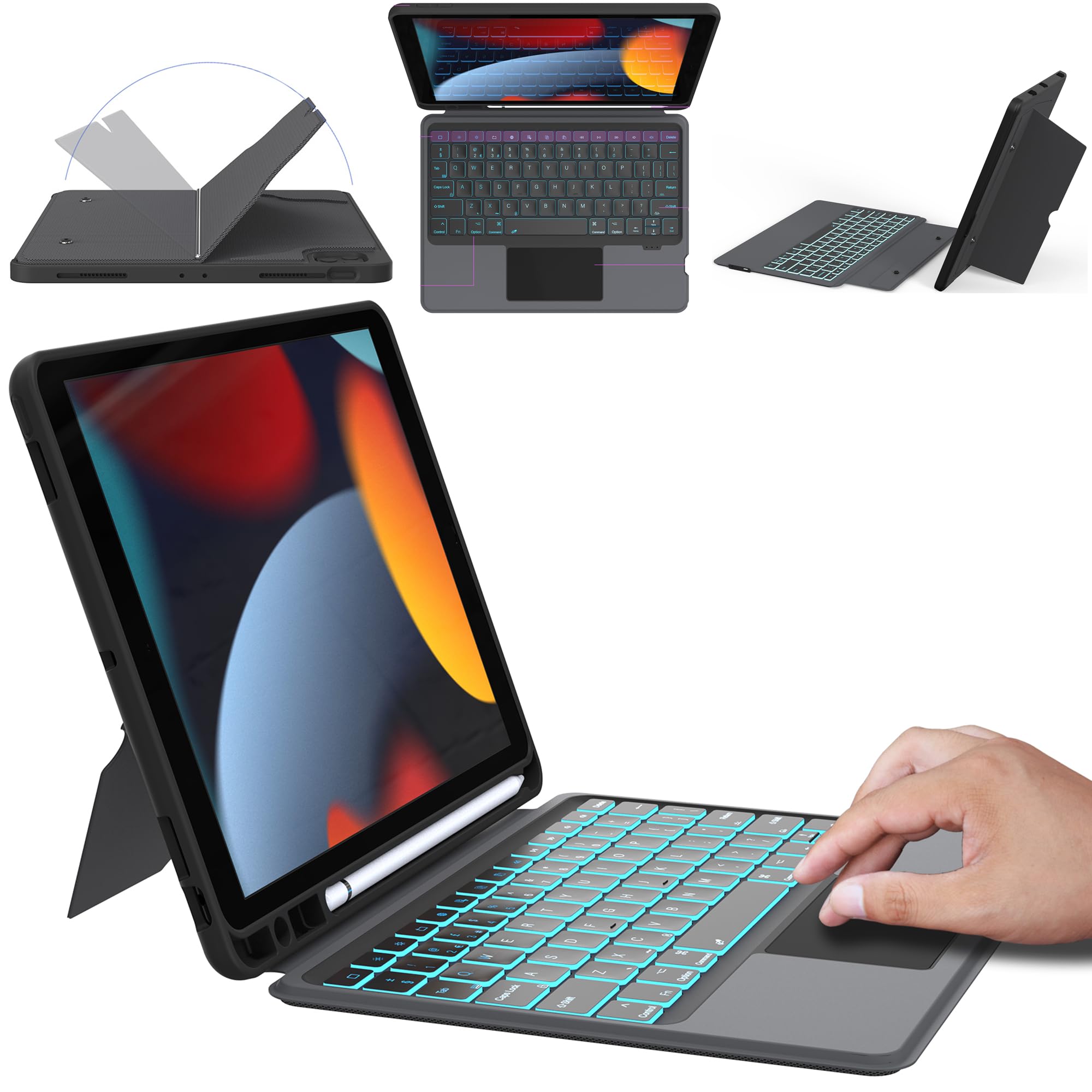 ROOFEI Multitouch Hoes Met Toetsenbord Voor iPad 10e Generatie - Afneembaar Met Standaard en 7 Kleuren Achtergrondverlichting - QWERTZ-Lay-Out Hoes Met Penhouder Voor 10,9 Inch