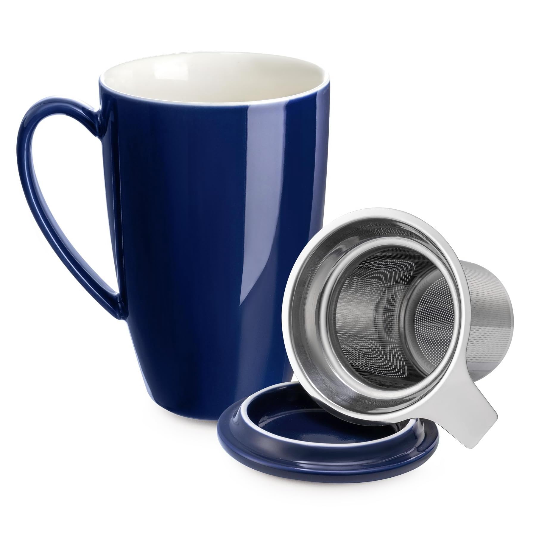 Tasse à thé en porcelaine avec infuseur et couvercle, accessoire de thé avec filtre, tasse à thé en vrac avec infuseur, 450 ml pour thé/café/lait/bureau/maison/cadeau (Beu Royal)