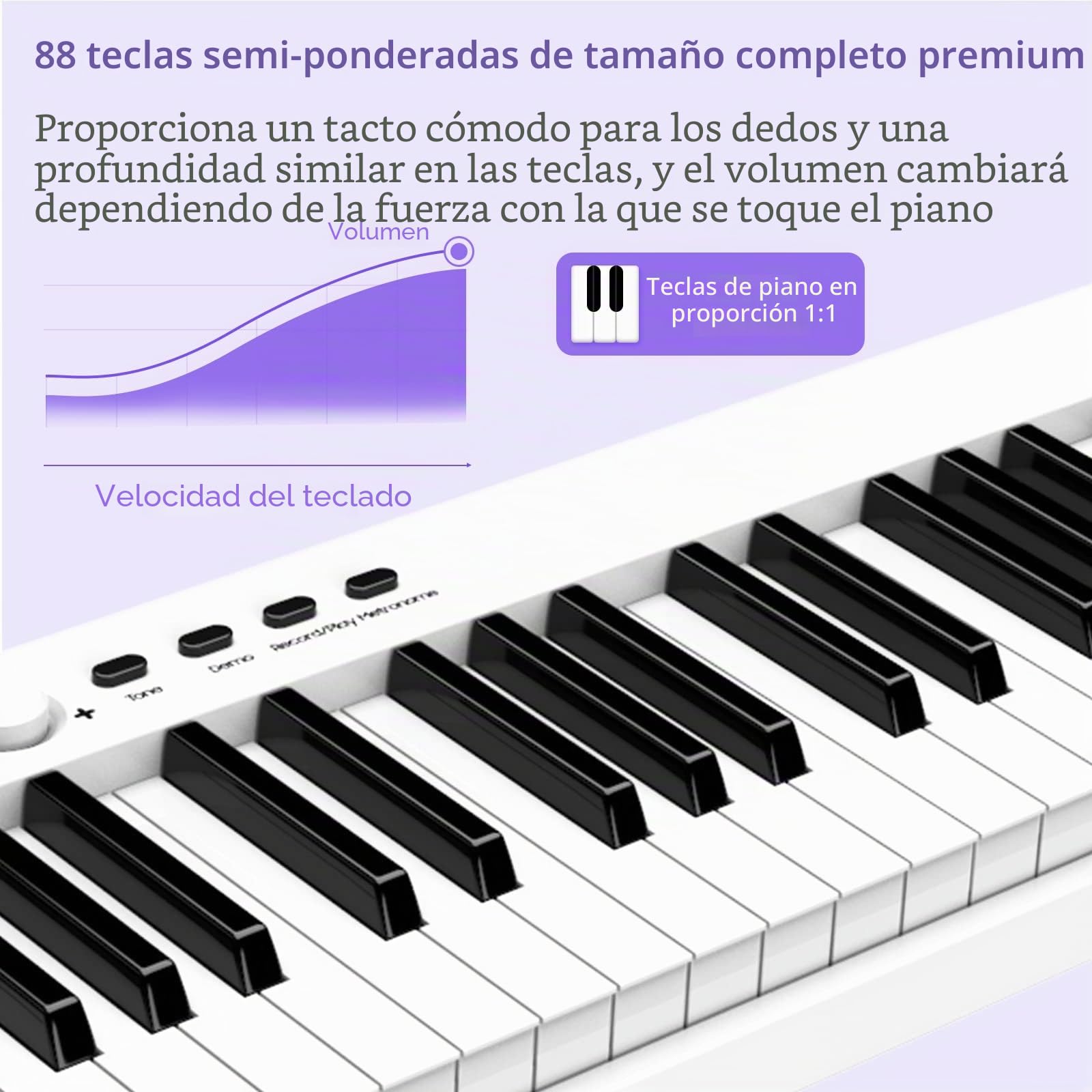 TERENCE Plegable Pianos digitales portátil con 88 teclas semi-ponderadas y batería de 1800mAh interfaz MIDI soporte para partituras bolsa adhesiva cable de audio auriculares pedal de sostenido Blanco
