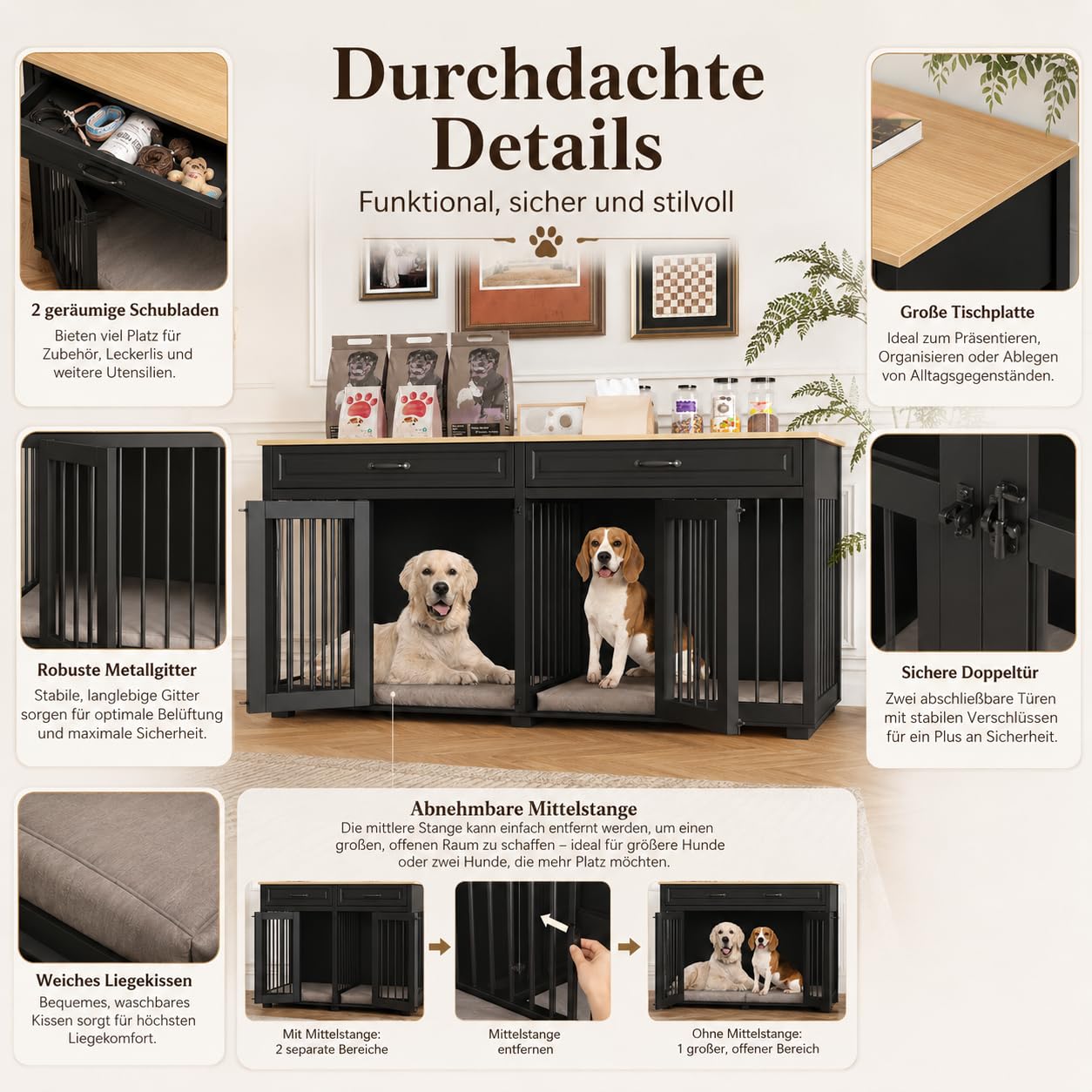 Hundekäfig mit 2 Schubladen und 2 Türen Hundebox für Innenbereich Hundehaus mit getrenntem Innenraum Schwarz und Eichenfarbe 164×60×80cm MDF Hundehütte für 2 Hunde