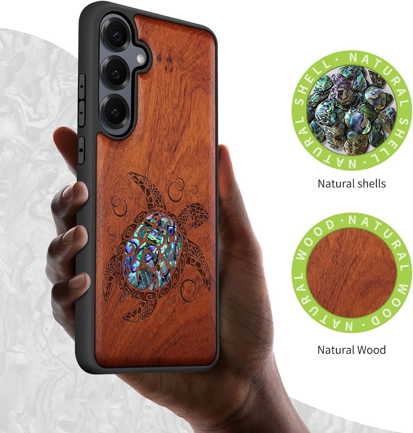 Carveit Magnetic Wooden Case for Samsung Galaxy S25 Case, Wood Artisan Engraved & Handmade Shell Inlaid, Compatible with MagSafe Wireless Chargers (Sea Turtle) Rosy