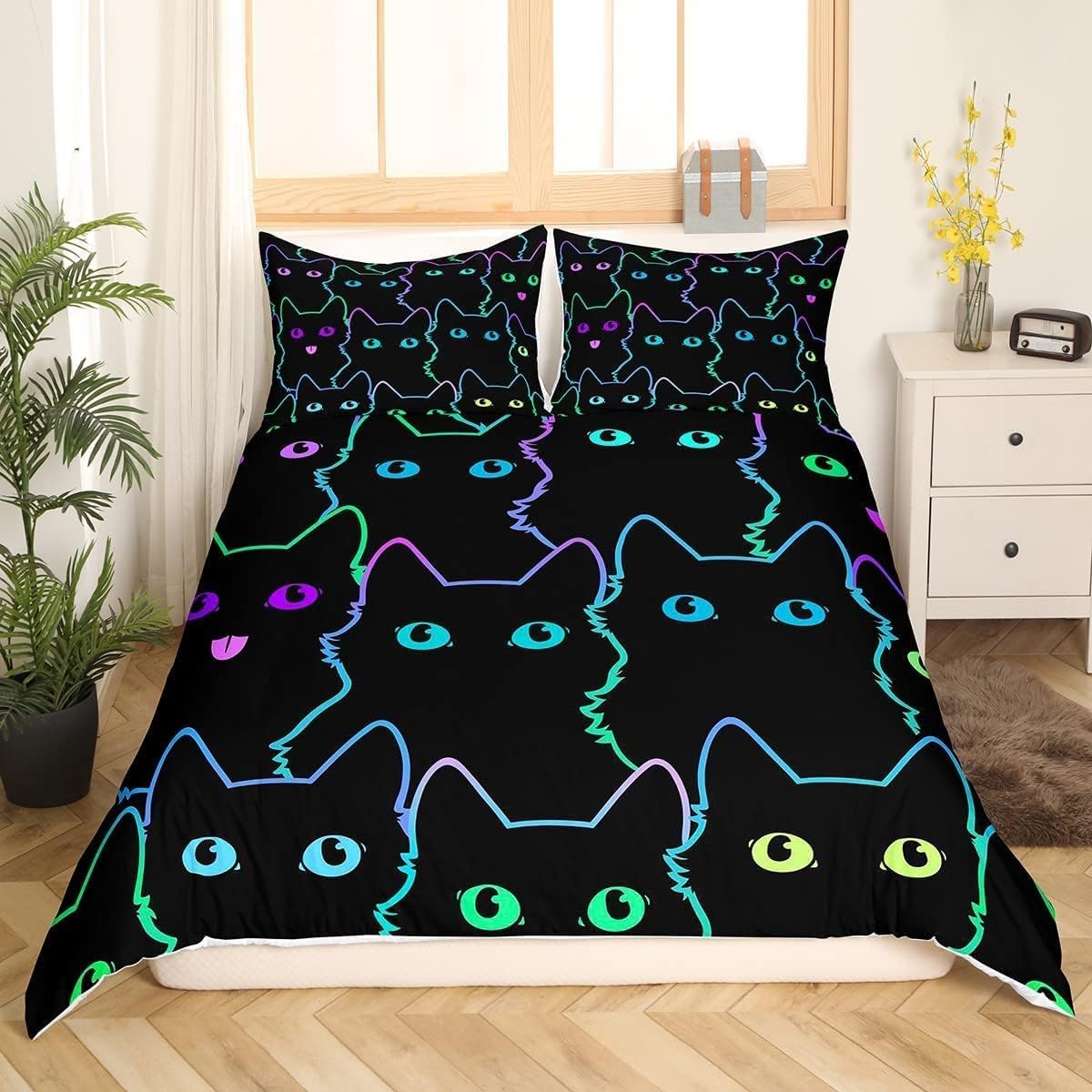Loussiesd Cartoon Cat Bedding Set for Girls Boys Children Pet Cats Comforter Cover Cute Kitten Neon Light Duvet Cover Colorful 3D Animal Cat Lover's Junior/Cot Bed 2Pcs