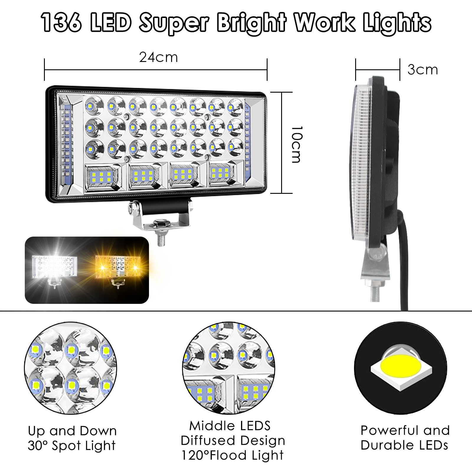 2PZ 9" Faro da Lavoro LED, 12 V, 33200 lm, 304 W, IP68 impermeabile, Spot Luci di Lavoro a Led 24 V 6000K Fendinebbia Barra Luci per Moto Auto ATV SUV Trattore [Classe di efficienza energetica A+++]