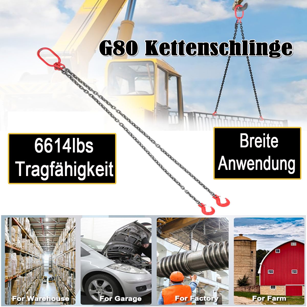 Catena di arresto per catena, 2 m, 2 fili, gancio per gru, diametro 8 mm, catena per sollevamento motore, G80, in acciaio Mn, 3T 6614LBS, catena di sollevamento ad alta resistenza, gancio per