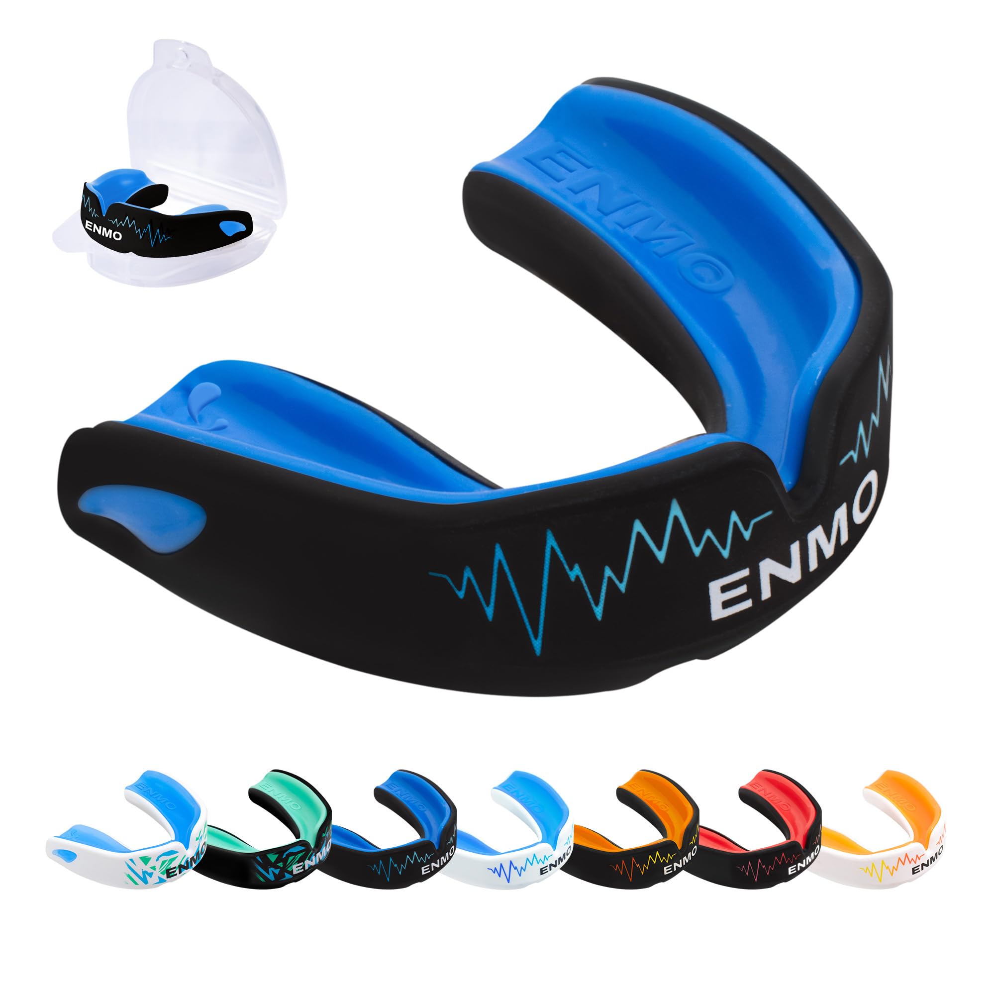Enmo Maxilla Pro Gum Shield - Adult & Junior 10+ Mouth Guard with Case for Rugby, Boxing, Hockey and Contact Sports - Mouthguard with Boil & Bite, Breathing Channel Tech, Triple Layer - Black/Blue