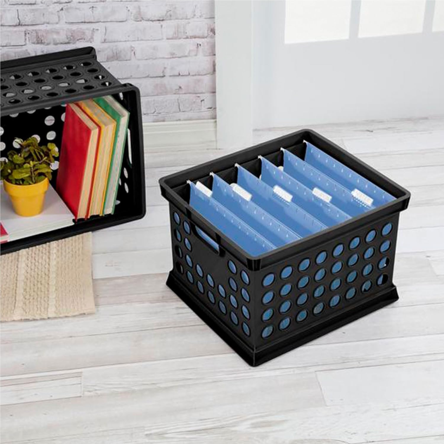 Stackable Plastic Storage Crate Bin Organizer File Box with Handles for Home, Office, Dorm, Garage, or Utility Organization, Black, 3-Pack