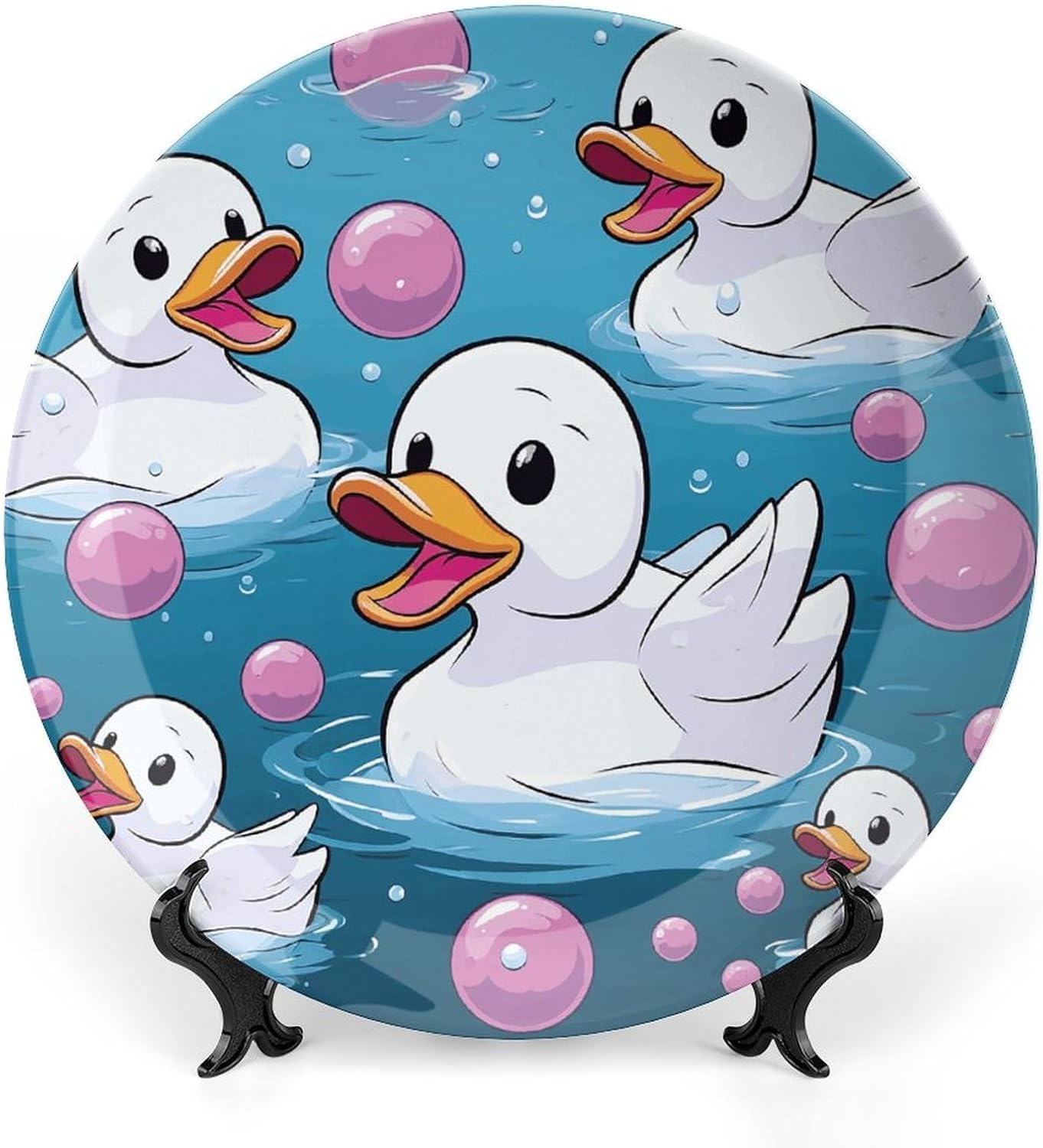 Bubbles And Duck Decorative Plates for Display Round Porcelain Plate Living Room Table Ceramic Hanging Decorative Plate Art Decor for Living Room Table with 1 Display Stand 10inch