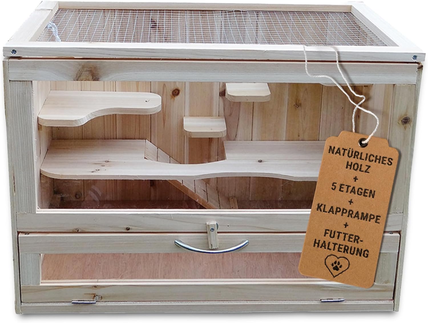 Melko Kleintierkäfig aus Holz, 60 x 35 x 42 cm, inklusive klappbarer Rampe, 5 Etagen, Nagetiervilla, Hamsterkäfig, Mäusekäfig Melko Kleintierkäfig aus Holz, 60 x 35 x 42 cm, inklusive klappbarer Rampe, 5 Etagen, Nagetiervilla, Hamsterkäfig, Mäusekäfig