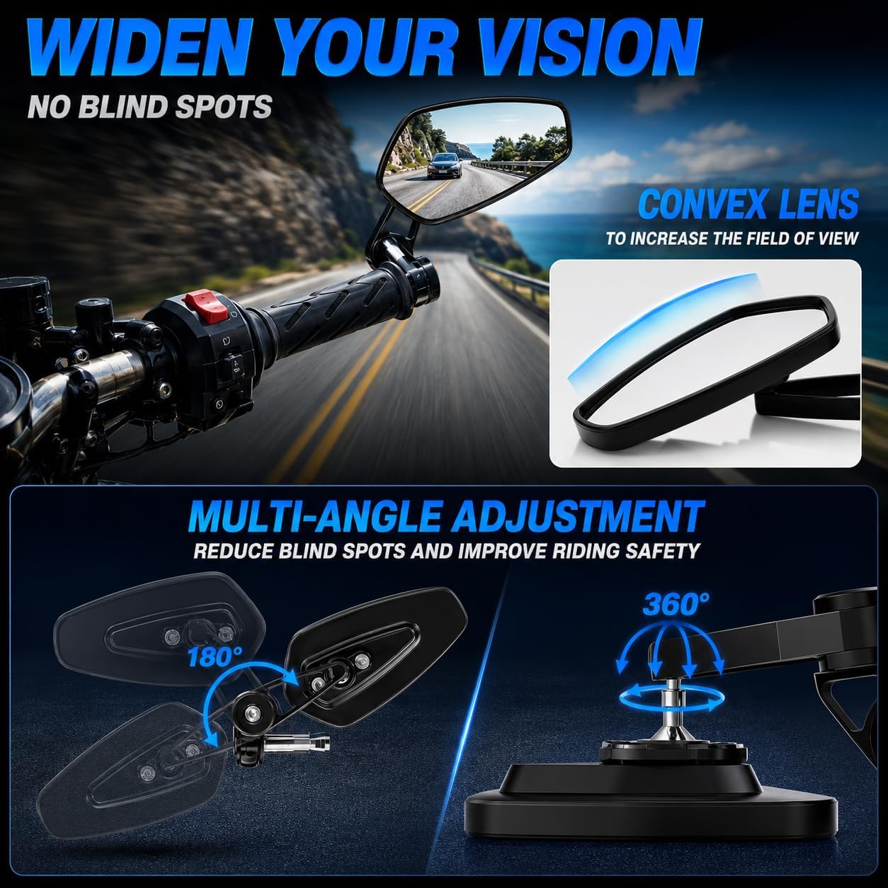 7/8" Motorcycle Mirrors，Adjustable Handlebar Bar End Rear View Mirrors Compatible with Honda Grom,Yamaha，Ducati, Suzuki, Kawasaki and More(BLACK)